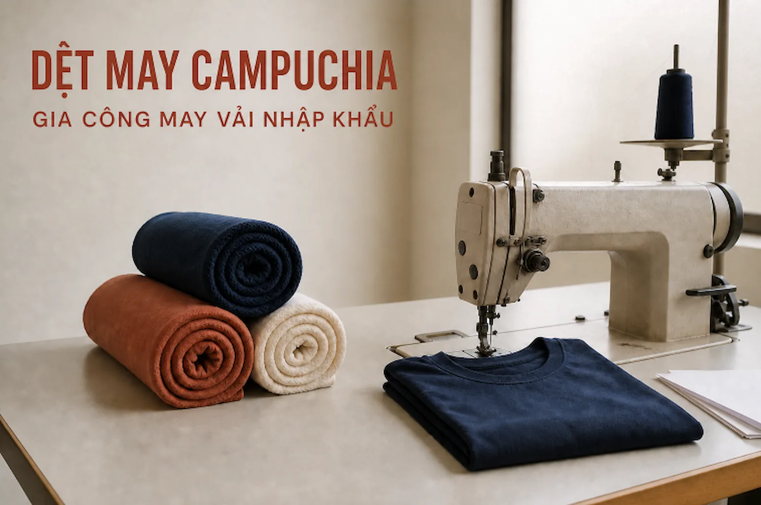 Máy may công nghiệp, cuộn vải dệt kim và áo thun trong hoạt động gia công may tại Campuchia