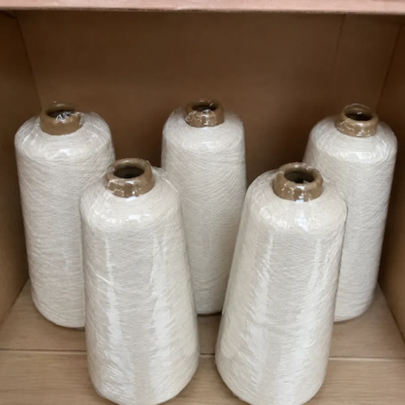 Năm cone sợi cotton BCI chải kỹ màu trắng ngà được xếp trong thùng carton