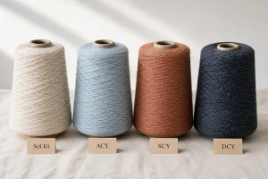 Bốn cuộn sợi đàn hồi gồm sợi lõi, ACY, SCY và DCY trên nền studio sáng.