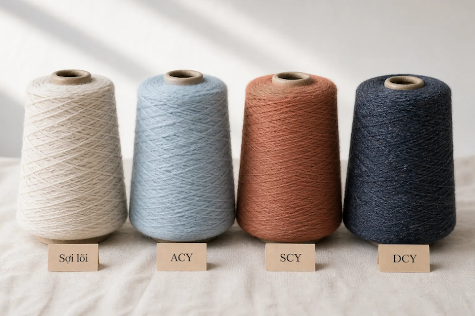 Bốn cuộn sợi đàn hồi gồm sợi lõi, ACY, SCY và DCY trên nền studio sáng.