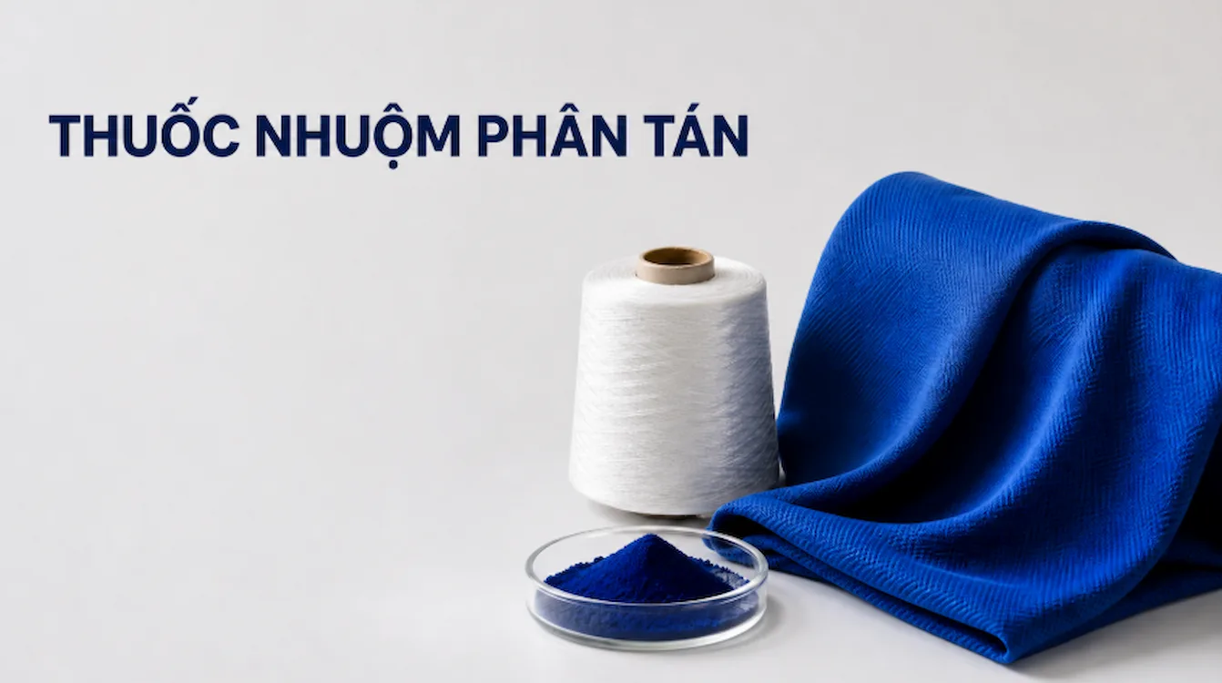 Thuốc nhuộm phân tán màu xanh bên cạnh cone sợi polyester trắng và vải polyester đã nhuộm