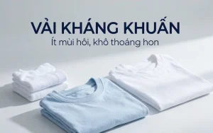 Hai áo thun gấp gọn (xanh nhạt và trắng) cùng chồng tất trắng trên nền sáng, thể hiện sự sạch sẽ, khô thoáng và tiện nghi của vải kháng khuẩn dùng cho đồ lót, tất và khăn.