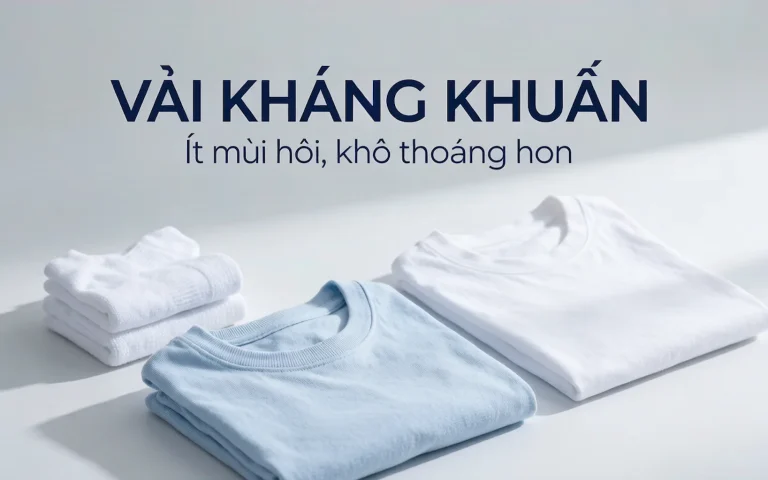 Hai áo thun gấp gọn (xanh nhạt và trắng) cùng chồng tất trắng trên nền sáng, thể hiện sự sạch sẽ, khô thoáng và tiện nghi của vải kháng khuẩn dùng cho đồ lót, tất và khăn.