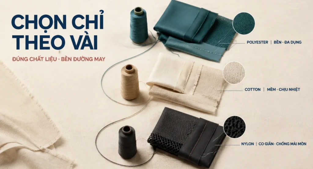 Chọn chỉ may theo vải với chỉ polyester, cotton và nylon