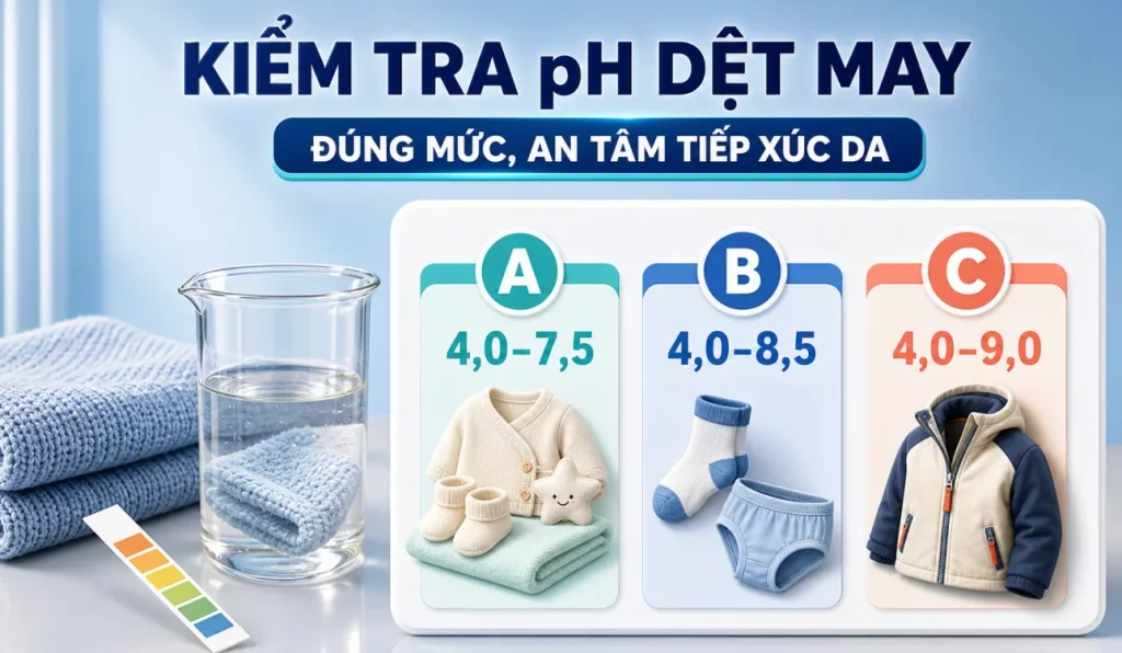 Kiểm tra pH hàng dệt may: nhóm A 4,0–7,5, B 4,0–8,5 và C 4,0–9,0