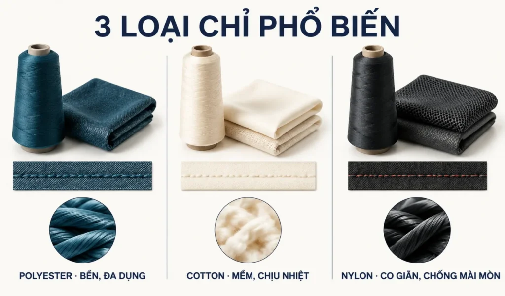 So sánh chỉ may polyester, cotton và nylon cùng mẫu vải và đường may