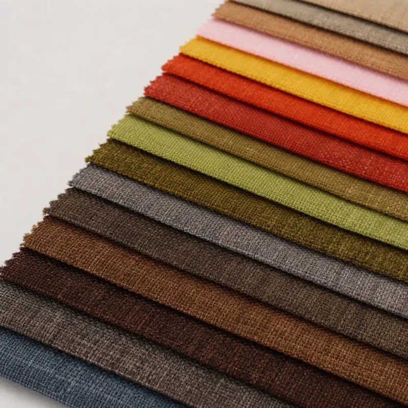 Cận cảnh bề mặt dệt của các mẫu vải bố polyester màu nâu, xám, xanh và đỏ