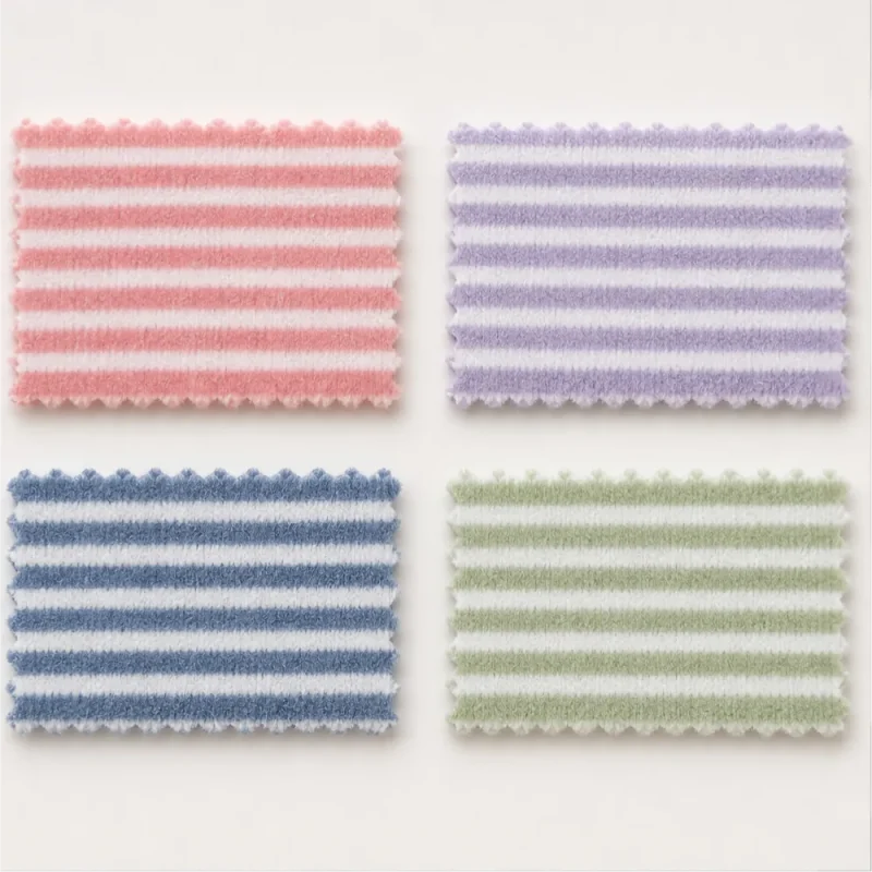 Bốn mẫu vải nhung Đức kẻ sọc màu hồng, tím, xanh lam và xanh lá pastel