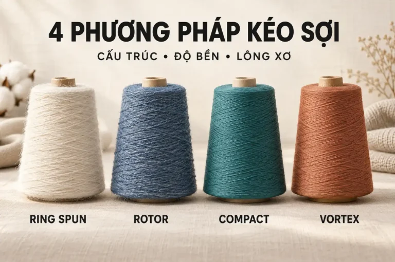 Bốn cone sợi đại diện cho ring spun, rotor, compact và vortex