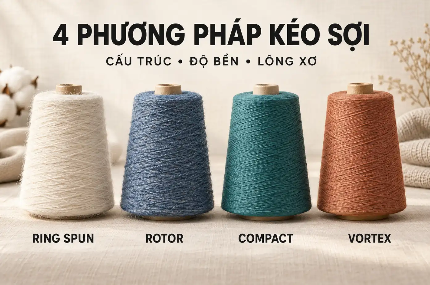 Bốn cone sợi đại diện cho ring spun, rotor, compact và vortex