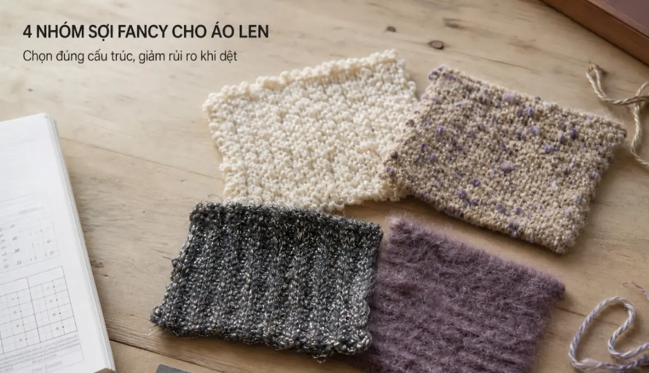 Bốn mẫu sợi fancy cho áo len gồm sợi vòng, sợi nút, sợi ánh kim và sợi chải lông
