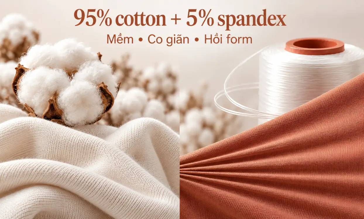 Hình minh họa sợi cotton và sợi spandex trong công thức 95% cotton và 5% spandex