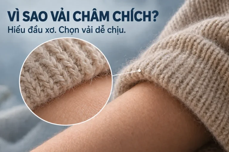 Cận cảnh áo len chạm vào da và lông tơ trong khung phóng đại, minh họa cảm giác châm chích.