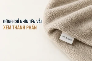 Mẫu vải lông xù có nhãn 100% polyester, nhắc người mua kiểm tra thành phần sợi.
