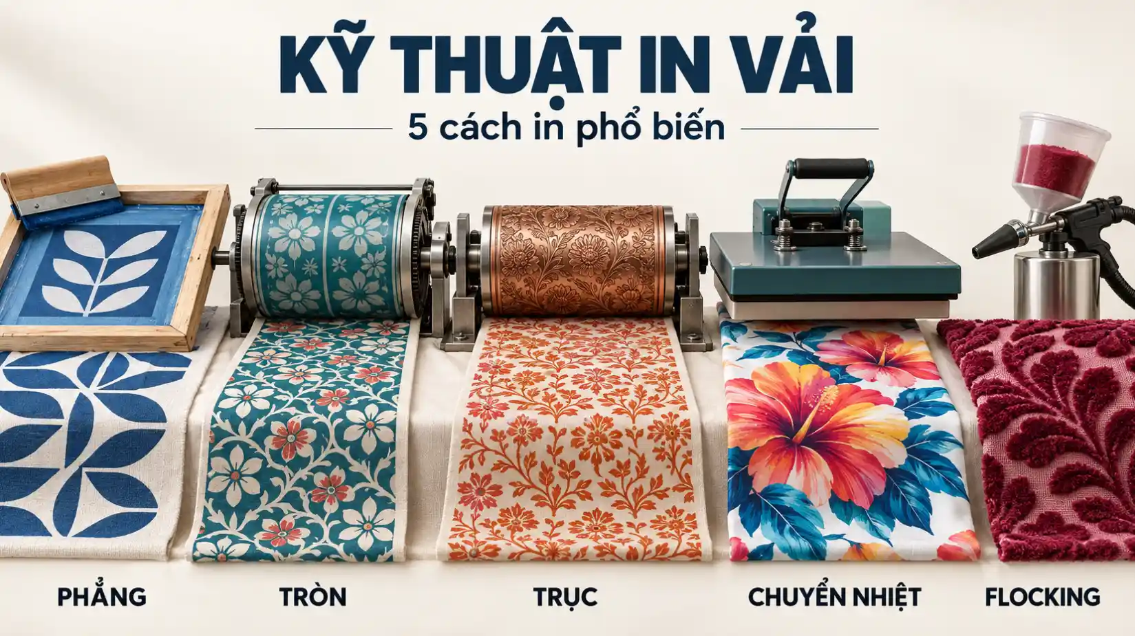 So sánh in phẳng, in tròn, in trục, chuyển nhiệt và flocking
