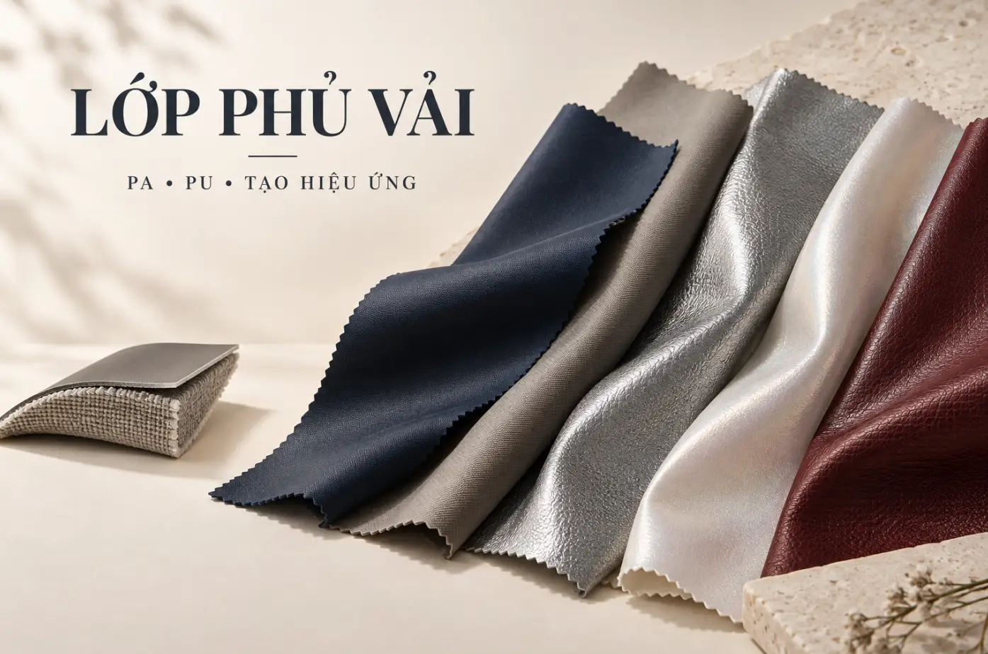 Các mẫu lớp phủ vải PA, PU, phủ bạc, phủ ngọc trai và màng da màu burgundy đặt cạnh nhau
