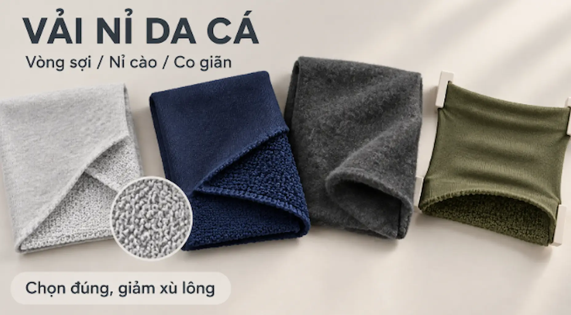 Cận cảnh bốn mẫu vải nỉ da cá gồm vòng sợi nhỏ, vòng sợi lớn, nỉ cào và vải co giãn