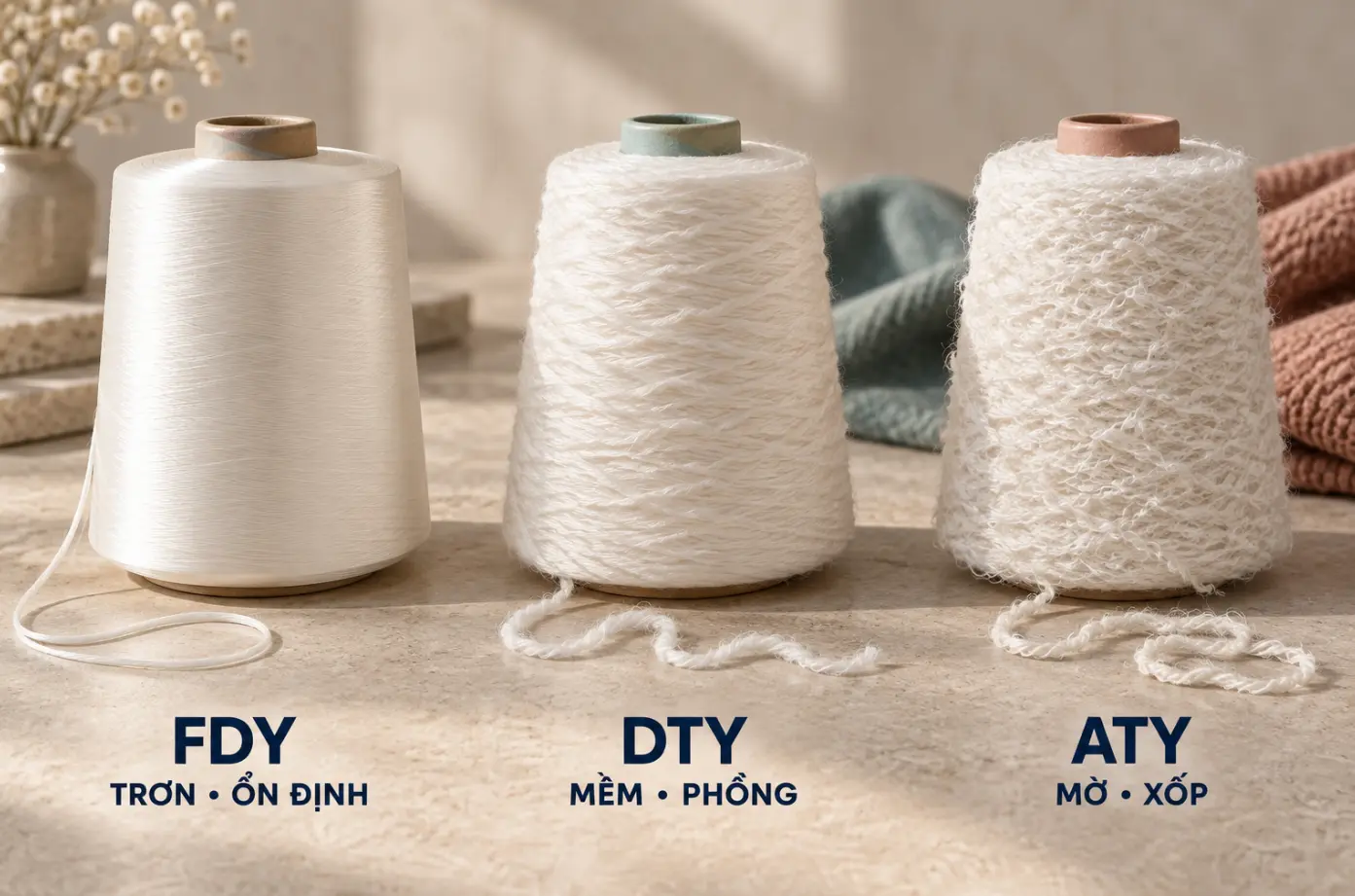 So sánh sợi FDY DTY ATY theo cấu trúc, độ phồng và ứng dụng