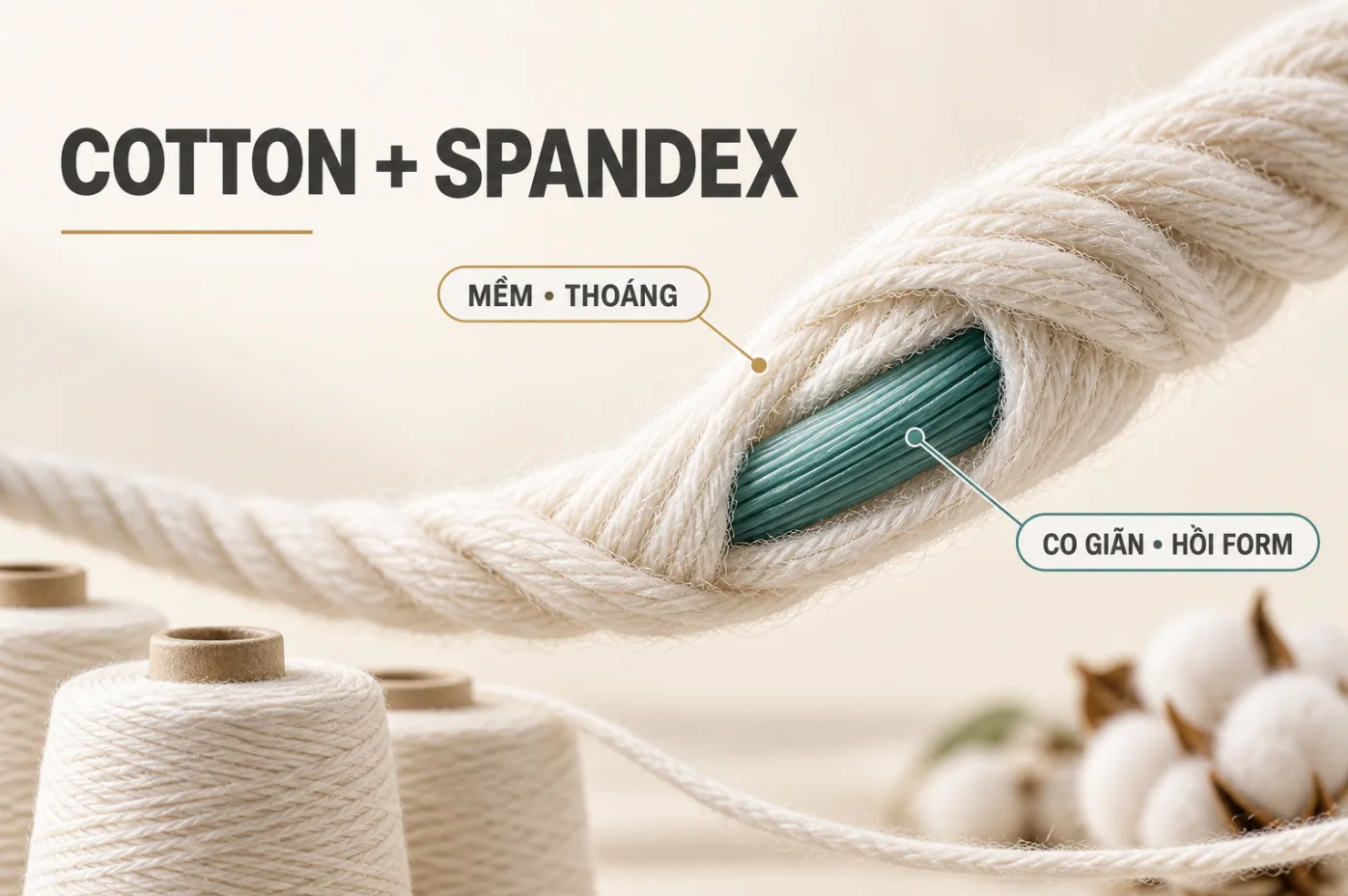 Cấu trúc sợi cotton bao quanh lõi spandex cho sản phẩm dệt kim