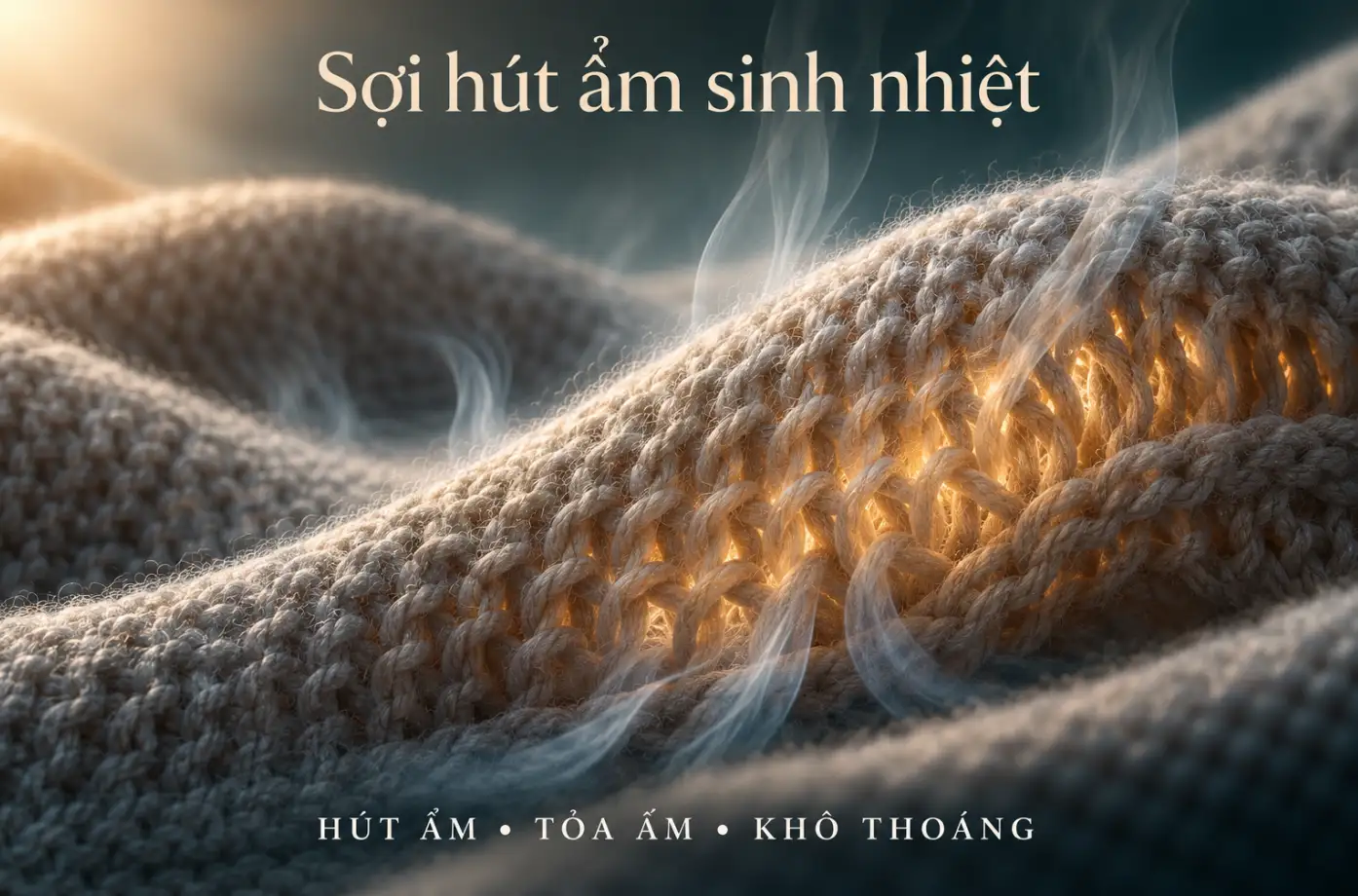 Cận cảnh vải dệt kim với hơi ẩm đi vào sợi hút ẩm sinh nhiệt và tạo cảm giác ấm.