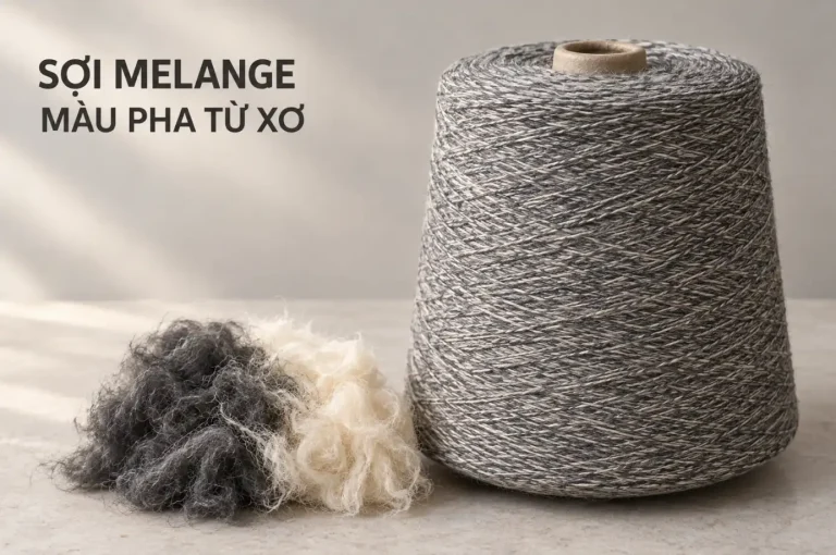 Cuộn sợi melange xám bên cạnh xơ đen và xơ trắng