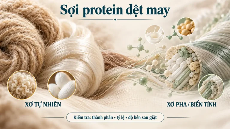 Infographic so sánh xơ protein tự nhiên và xơ pha, biến tính trong dệt may