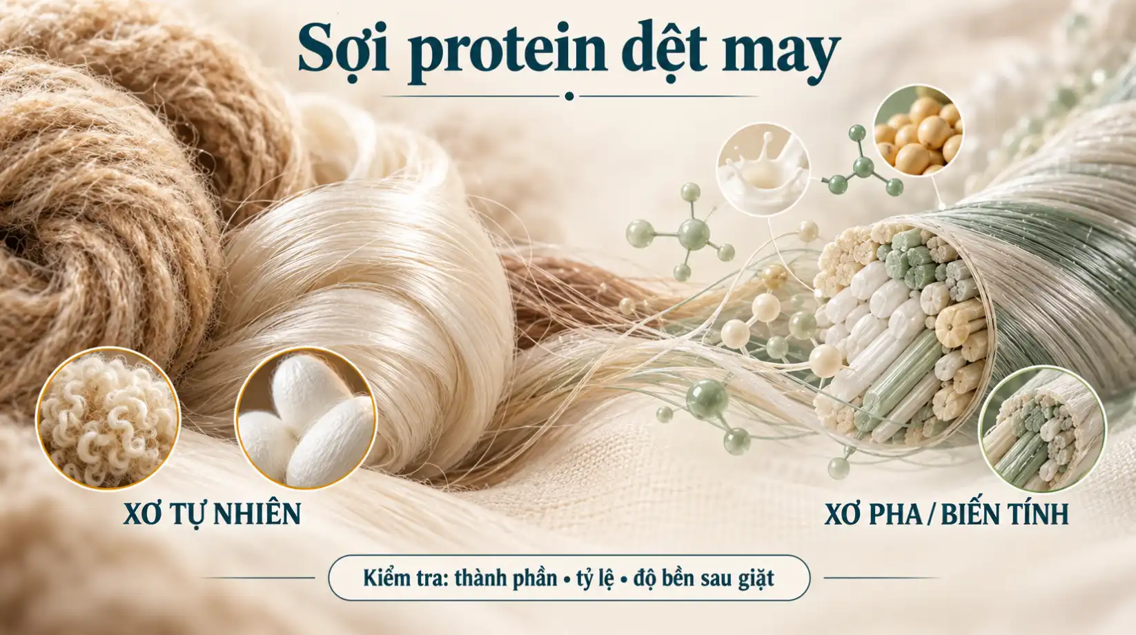 Infographic so sánh xơ protein tự nhiên và xơ pha, biến tính trong dệt may