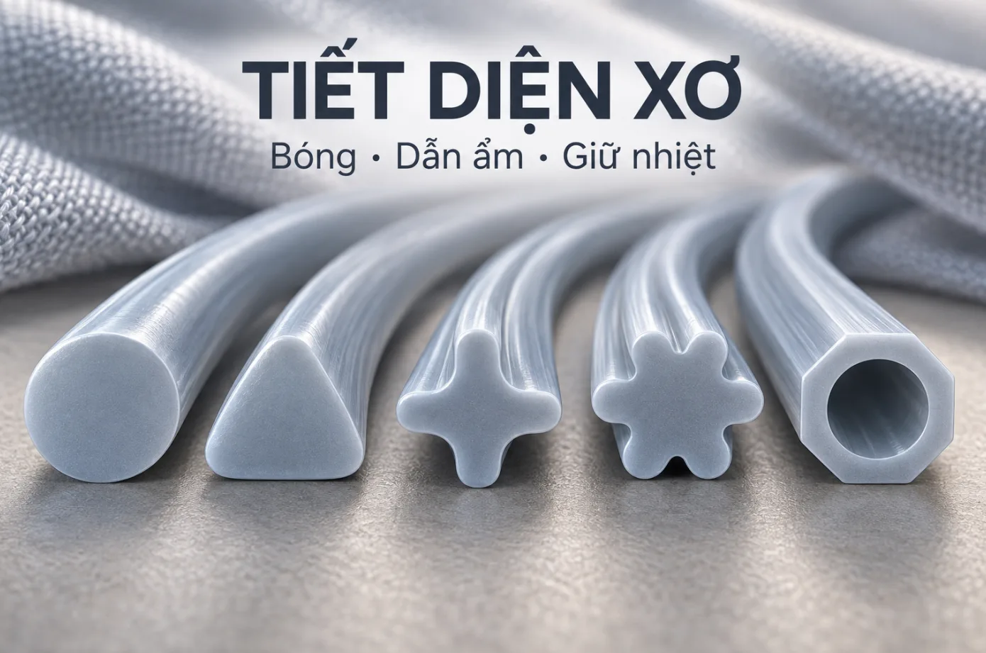 Mô hình minh họa tiết diện xơ tròn, tam giác, chữ thập, nhiều thùy và rỗng.