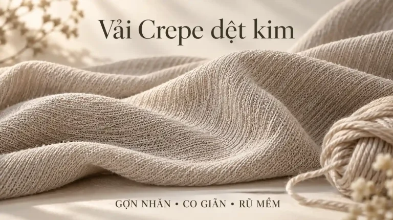 Cận cảnh vải crepe dệt kim với bề mặt gợn nhăn nhẹ và cấu trúc vòng sợi.