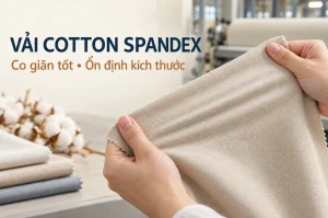 Vải cotton spandex được kéo giãn để kiểm tra độ đàn hồi và độ ổn định kích thước.