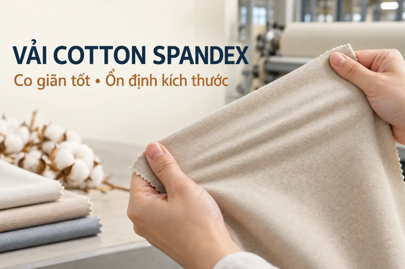Vải cotton spandex được kéo giãn để kiểm tra độ đàn hồi và độ ổn định kích thước.