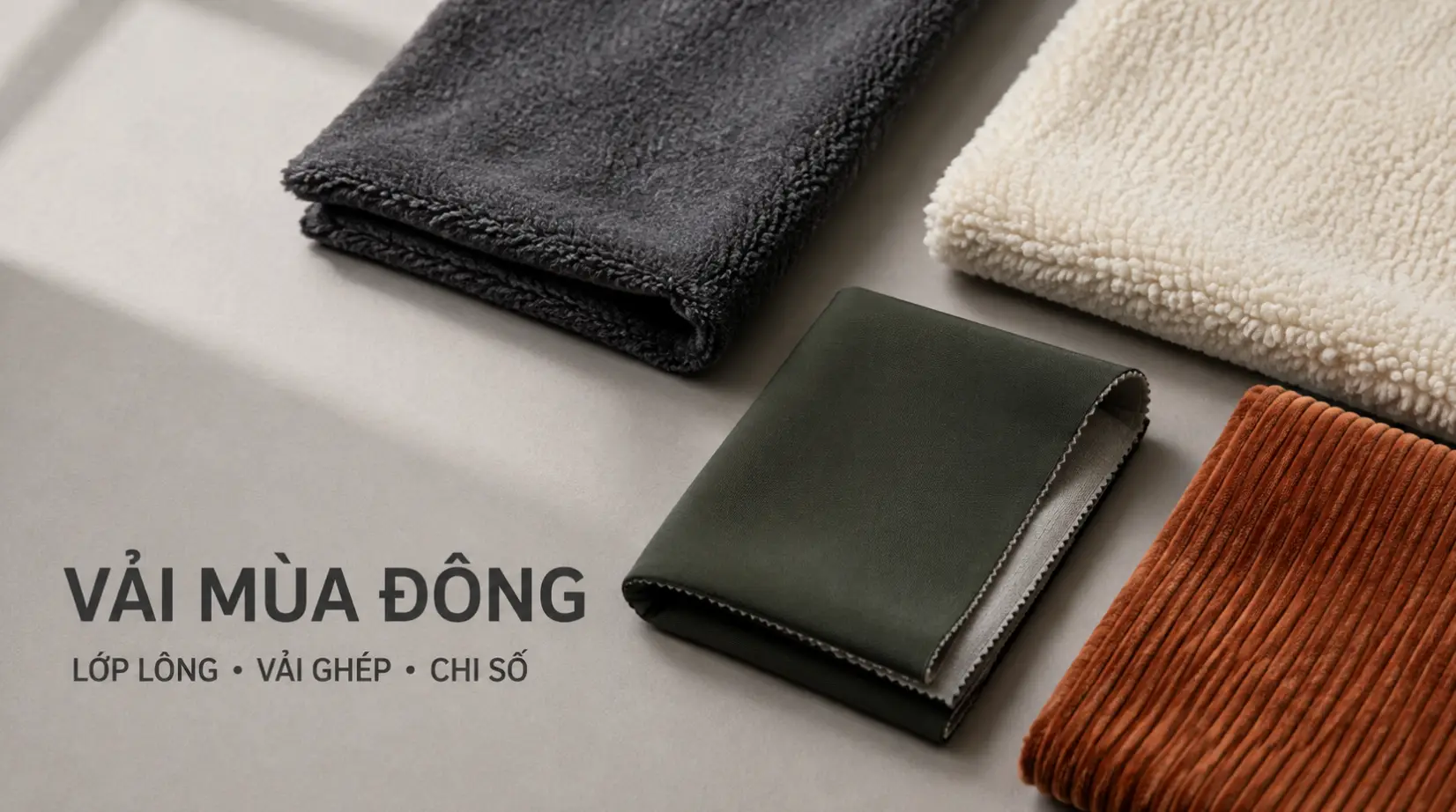 Mẫu vải mùa đông gồm polar fleece, coral fleece, corduroy và vải ghép hai lớp