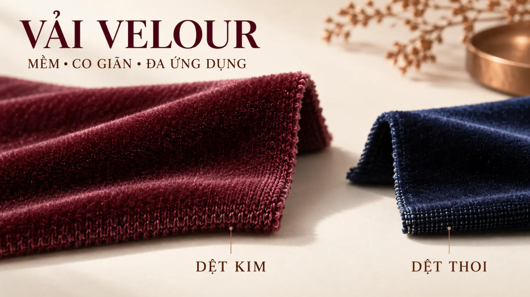 Mẫu vải velour dệt kim màu burgundy đặt cạnh vải velvet dệt thoi màu xanh navy