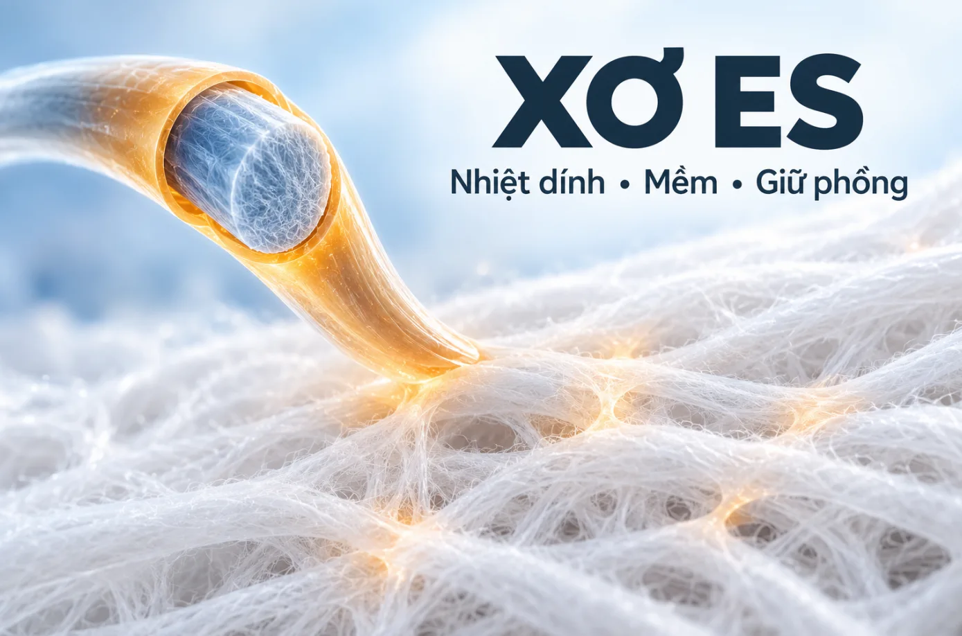 Minh họa xơ ES hai thành phần với lớp nhiệt dính tạo liên kết cho vải không dệt mềm và giữ phồng.