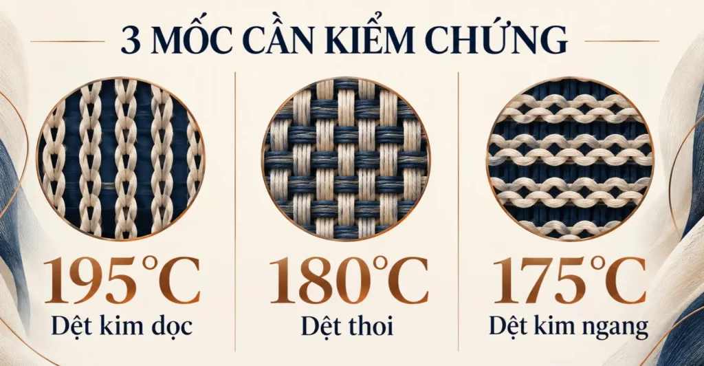 Đồ họa ba mốc cần kiểm chứng: dệt kim dọc 195°C, dệt thoi 180°C và dệt kim ngang 175°C; không dùng chung công thức.