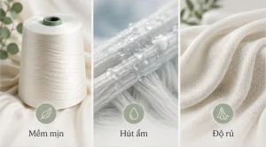 Minh họa ba đặc tính của sợi viscose: mềm mịn, hút ẩm và độ rủ