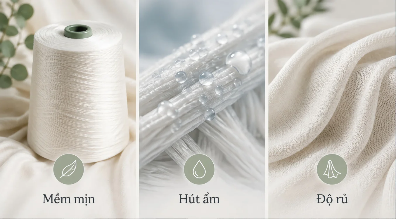 Minh họa ba đặc tính của sợi viscose: mềm mịn, hút ẩm và độ rủ