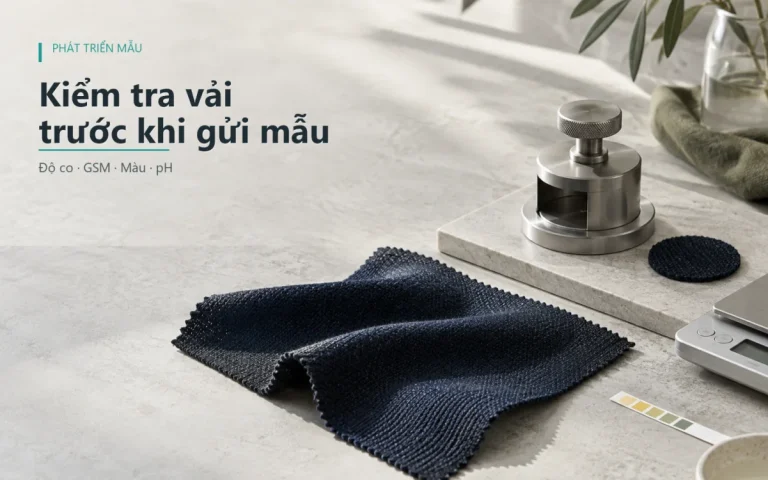 Mẫu dệt kim, dao cắt GSM và que thử pH trong bước kiểm tra vải