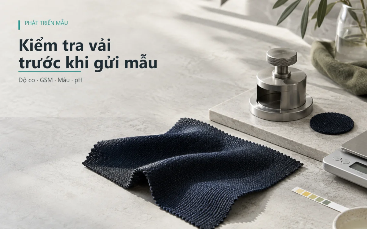 Mẫu dệt kim, dao cắt GSM và que thử pH trong bước kiểm tra vải