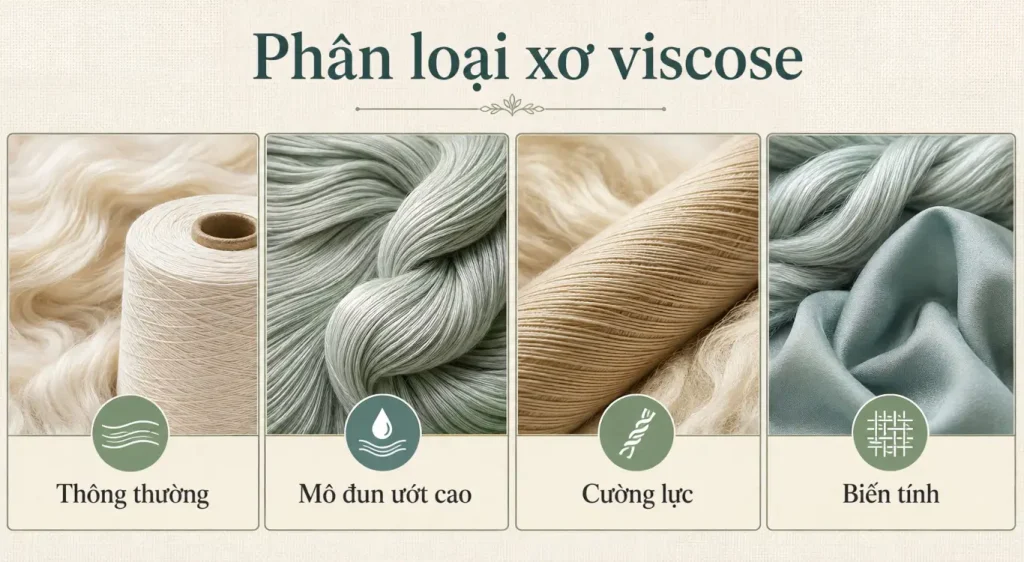 Bốn nhóm xơ viscose: thông thường, mô đun ướt cao, cường lực và biến tính