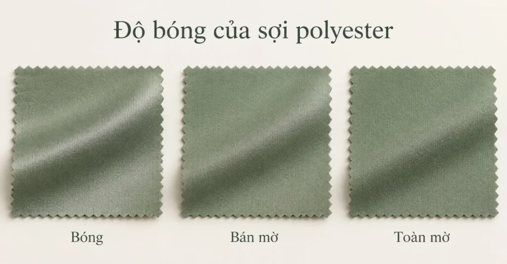 Minh họa ba mẫu vải polyester màu xanh với độ bóng giảm dần: bóng, bán mờ và toàn mờ.