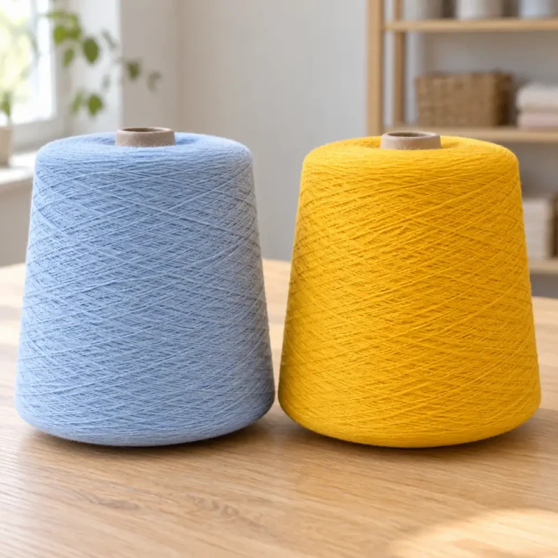 Hai cone sợi cotton mercerized 80S/2 màu xanh nhạt và vàng đặt cạnh nhau trên mặt gỗ.