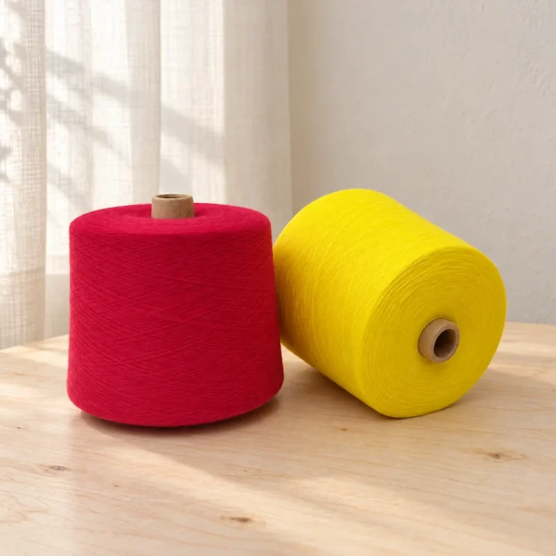 Cone sợi cotton màu đỏ rượu vang và vàng tươi Hai cone sợi cotton nhuộm màu đỏ rượu vang và vàng tươi đặt cạnh nhau.