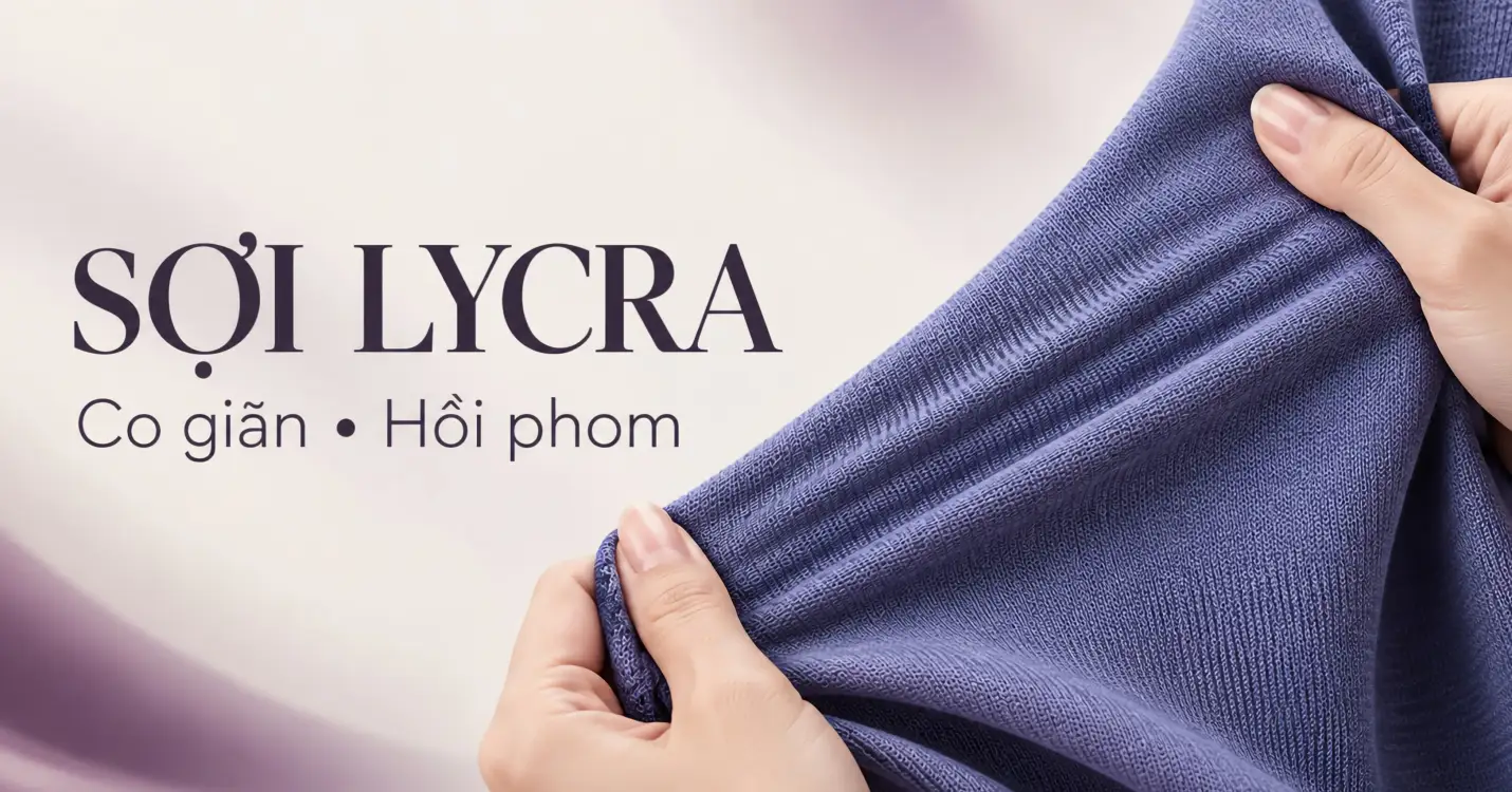 Sợi Lycra màu tím được kéo giãn để minh họa độ co giãn và hồi phom
