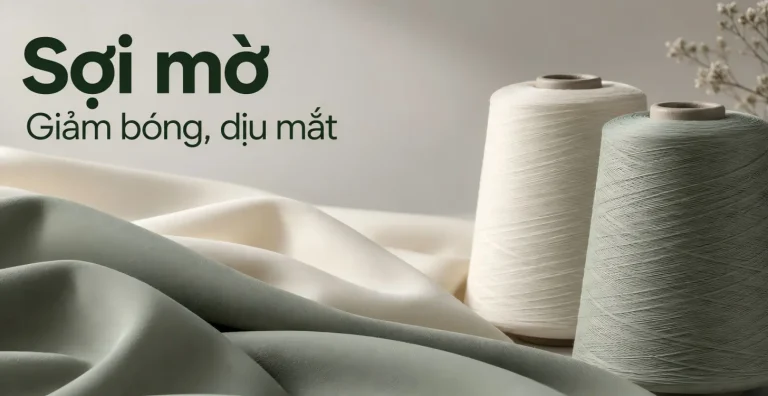 Minh họa sợi mờ với hai cuộn sợi màu kem và xanh bên vải ít bóng, kèm chữ “Giảm bóng, dịu mắt”.