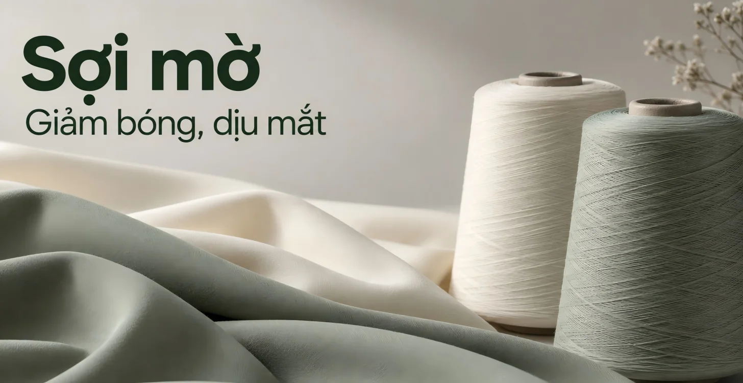 Minh họa sợi mờ với hai cuộn sợi màu kem và xanh bên vải ít bóng, kèm chữ “Giảm bóng, dịu mắt”.