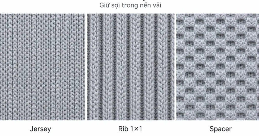 Minh họa bề mặt Jersey, Rib 1×1 và Spacer màu xám.