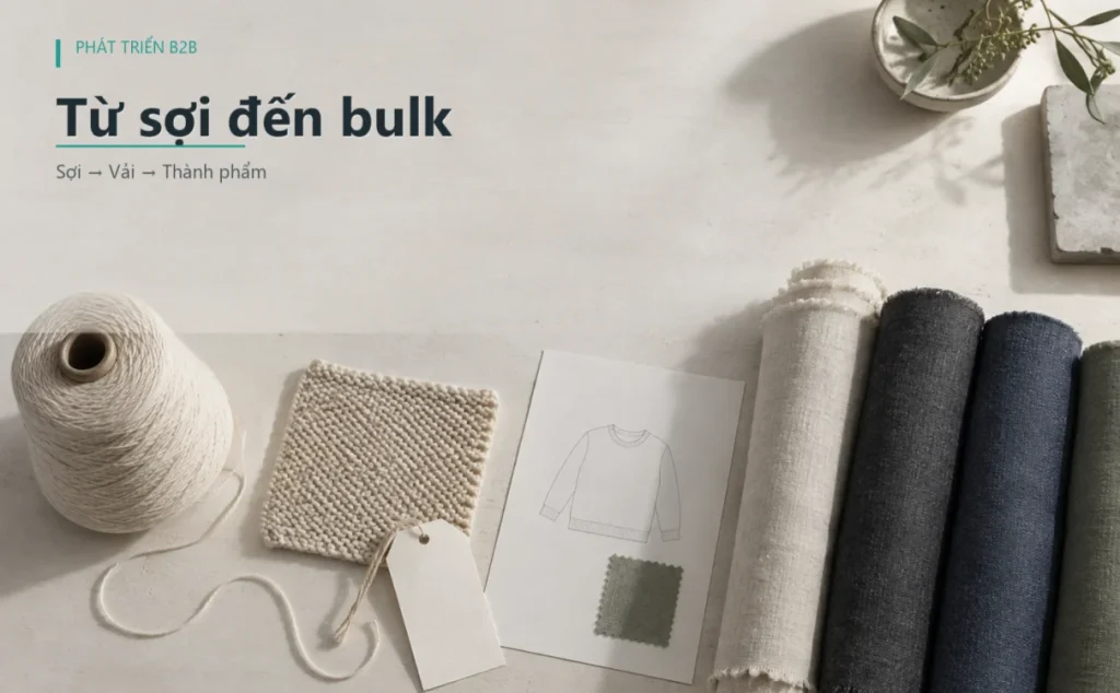 Cone yarn, mẫu knitwear và cuộn vải trong quy trình phát triển đến bulk order
