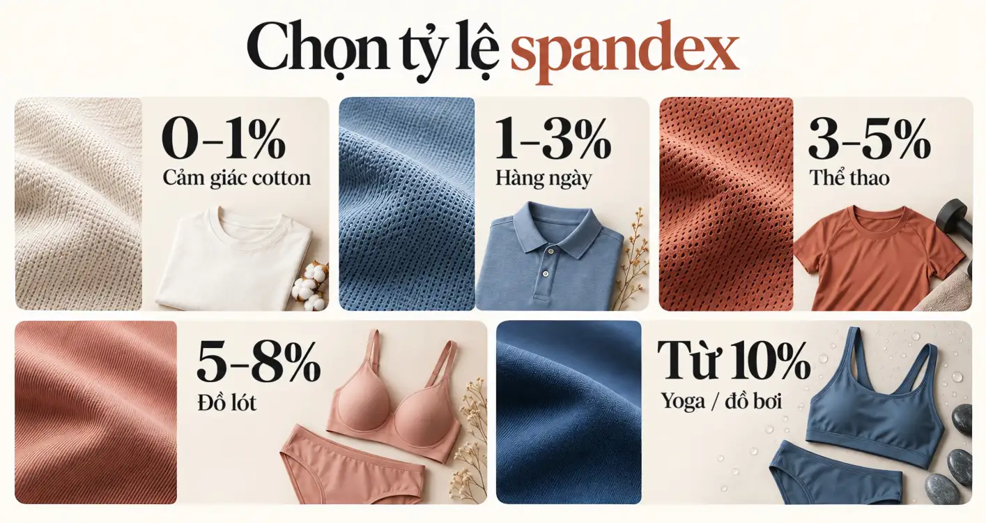 Infographic tỷ lệ spandex tham khảo cho áo thun, đồ thể thao, đồ lót và đồ bơi