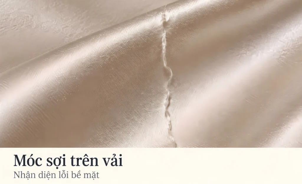 Cận cảnh sợi bị kéo ra khỏi bề mặt vải màu be.